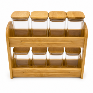 8-Piece Square Glass Spice Jar Set with Two-Tier Bamboo Rack