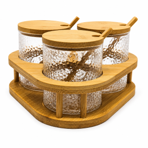 3-Piece Textured Glass Condiment Jar Set with Bamboo Stand and Spoons
