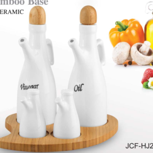 4‑Piece Ceramic Oil and Vinegar Cruet Set with Bamboo Base